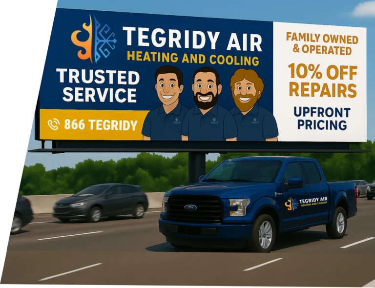 Tegridy Air billboard with our three owners and blue service truck, featuring upfront pricing and 10 percent off repairs