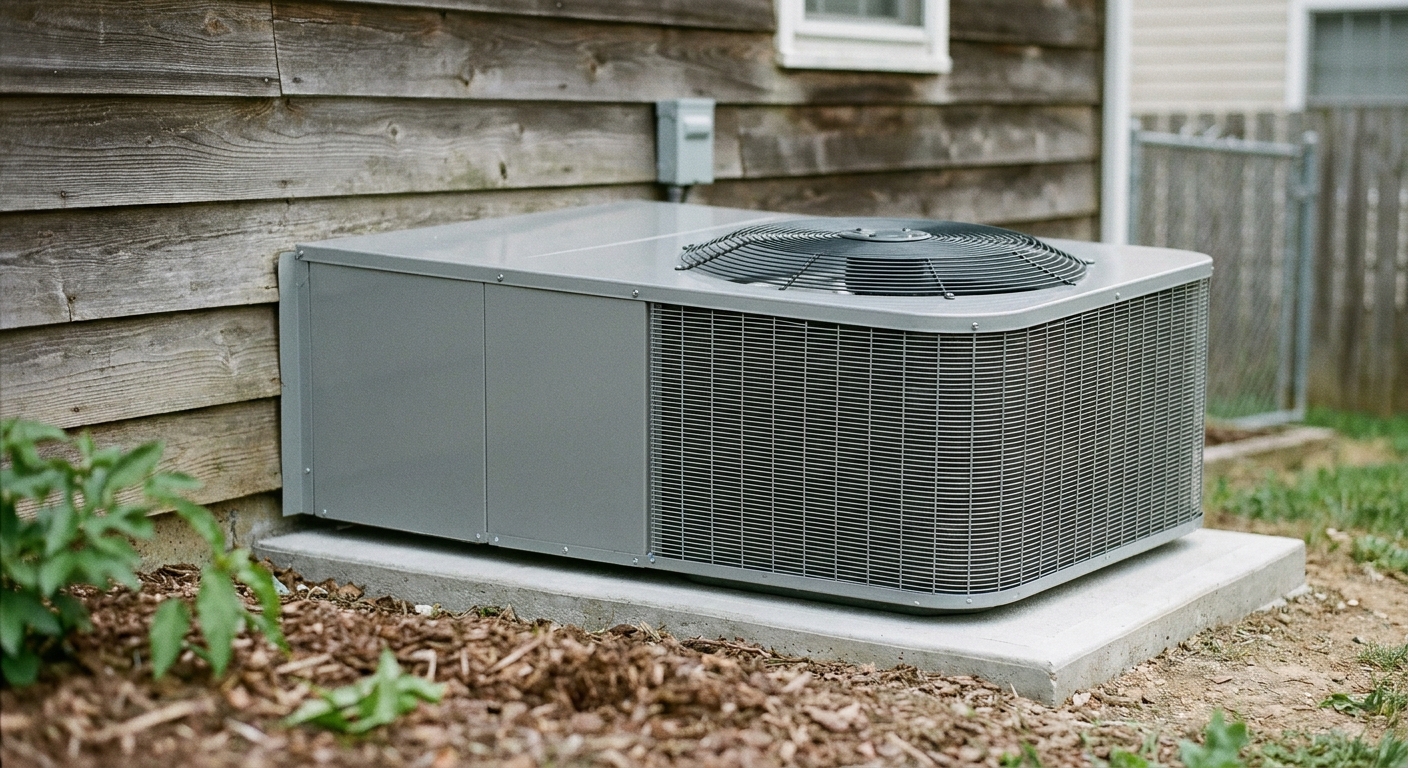 repair or replace AC - a brand-new clean American residential central air conditioner condenser, a boxy metal ground unit with a top circular fan grille, on a concrete pad beside a house
