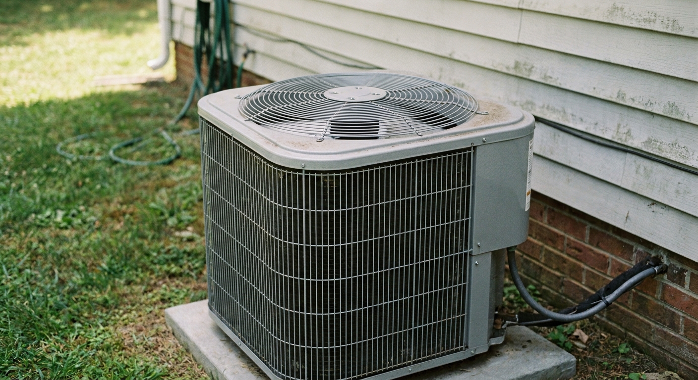 AC repair cost - a clean American residential central air conditioner condenser on a concrete pad beside a house