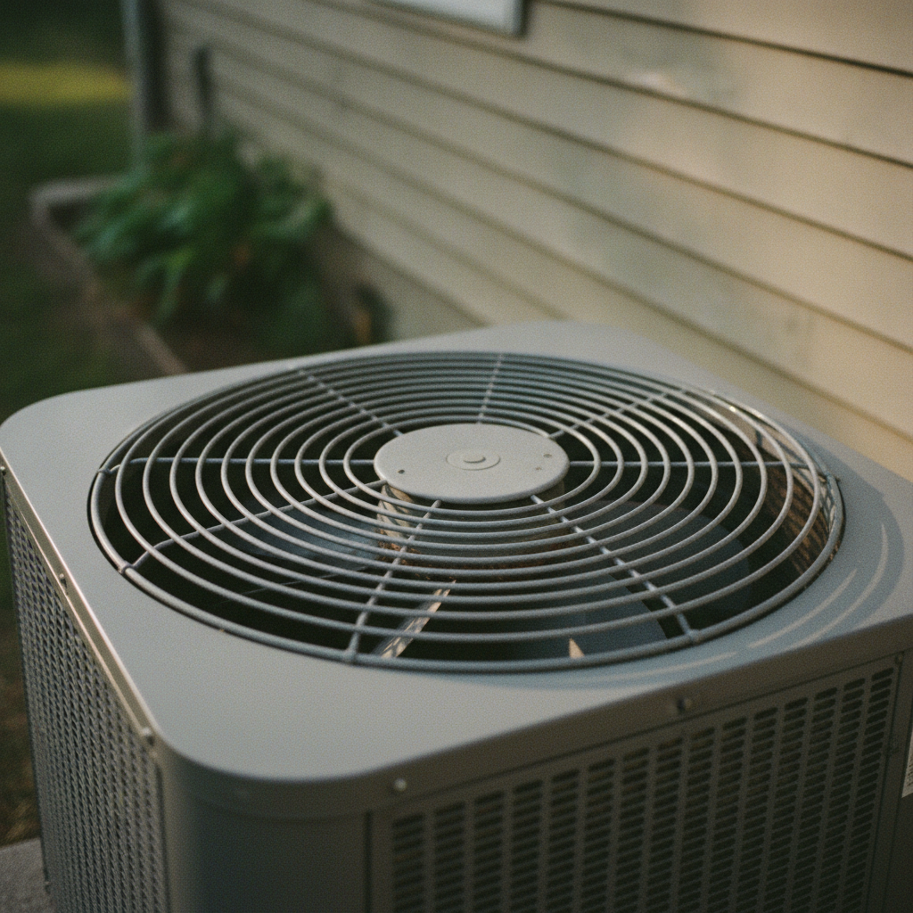 ac repair - a close-up of a clean outdoor American central air conditioner condenser fan grille on a concrete pad beside a house