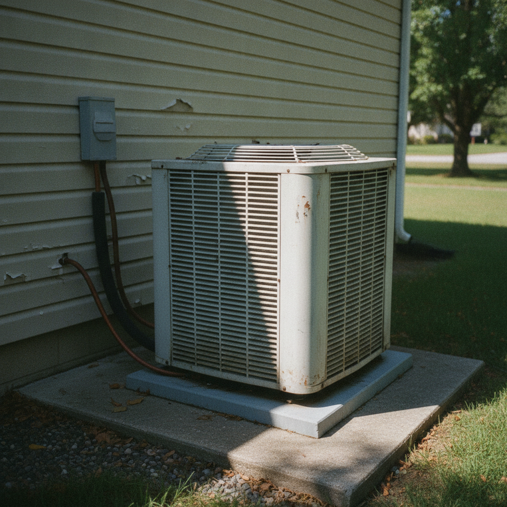 ac repair - an American residential central air conditioner condenser unit on a concrete pad beside a house, close-up
