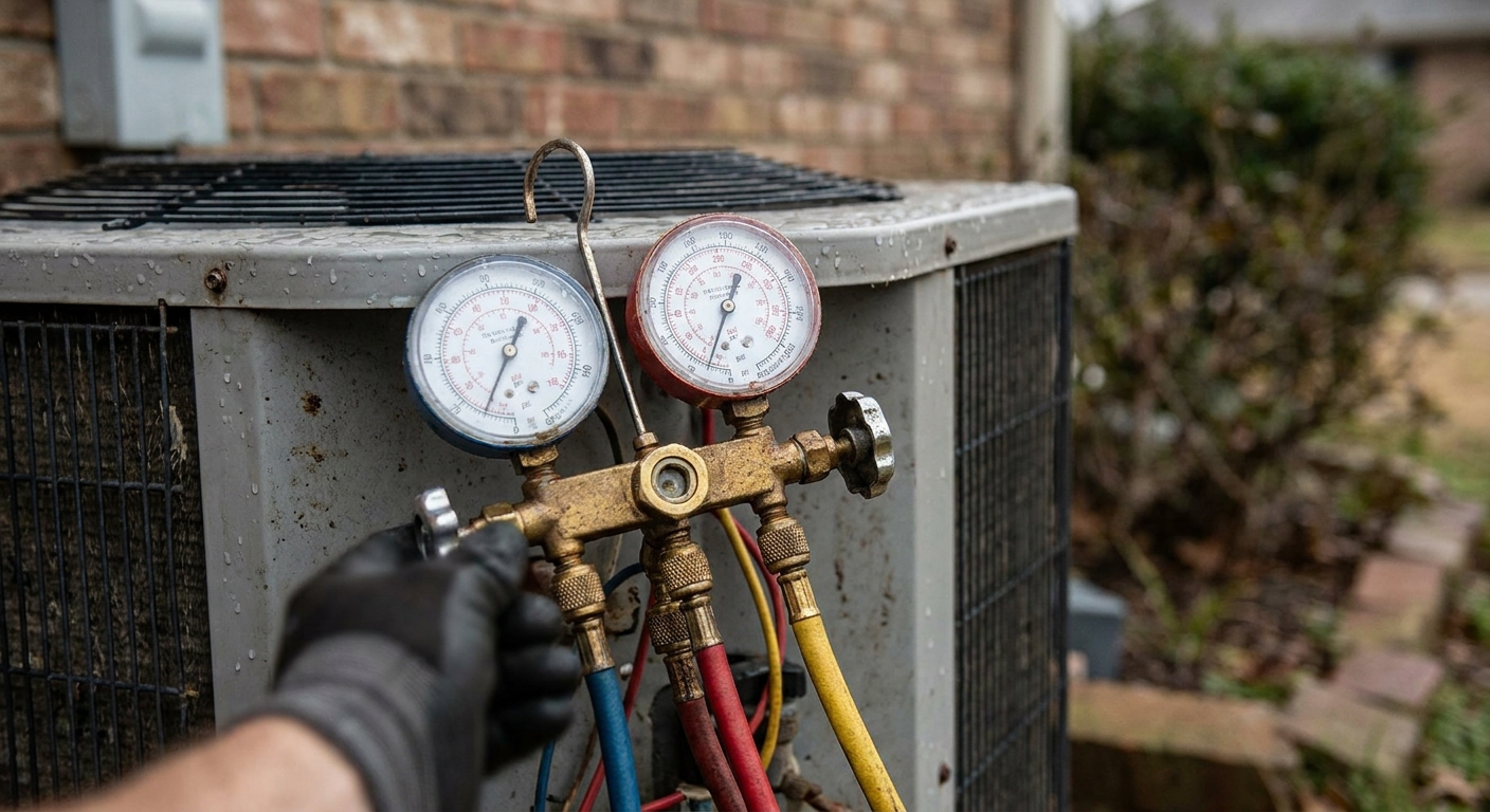 AC repair cost - close-up of an HVAC refrigerant gauge manifold with hoses connected to an outdoor air conditioner condenser unit