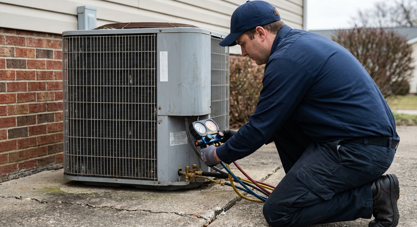 hurricane AC prep - a professional HVAC technician in a work uniform inspecting an outdoor air conditioner condenser unit on a concrete pad beside a house before a storm