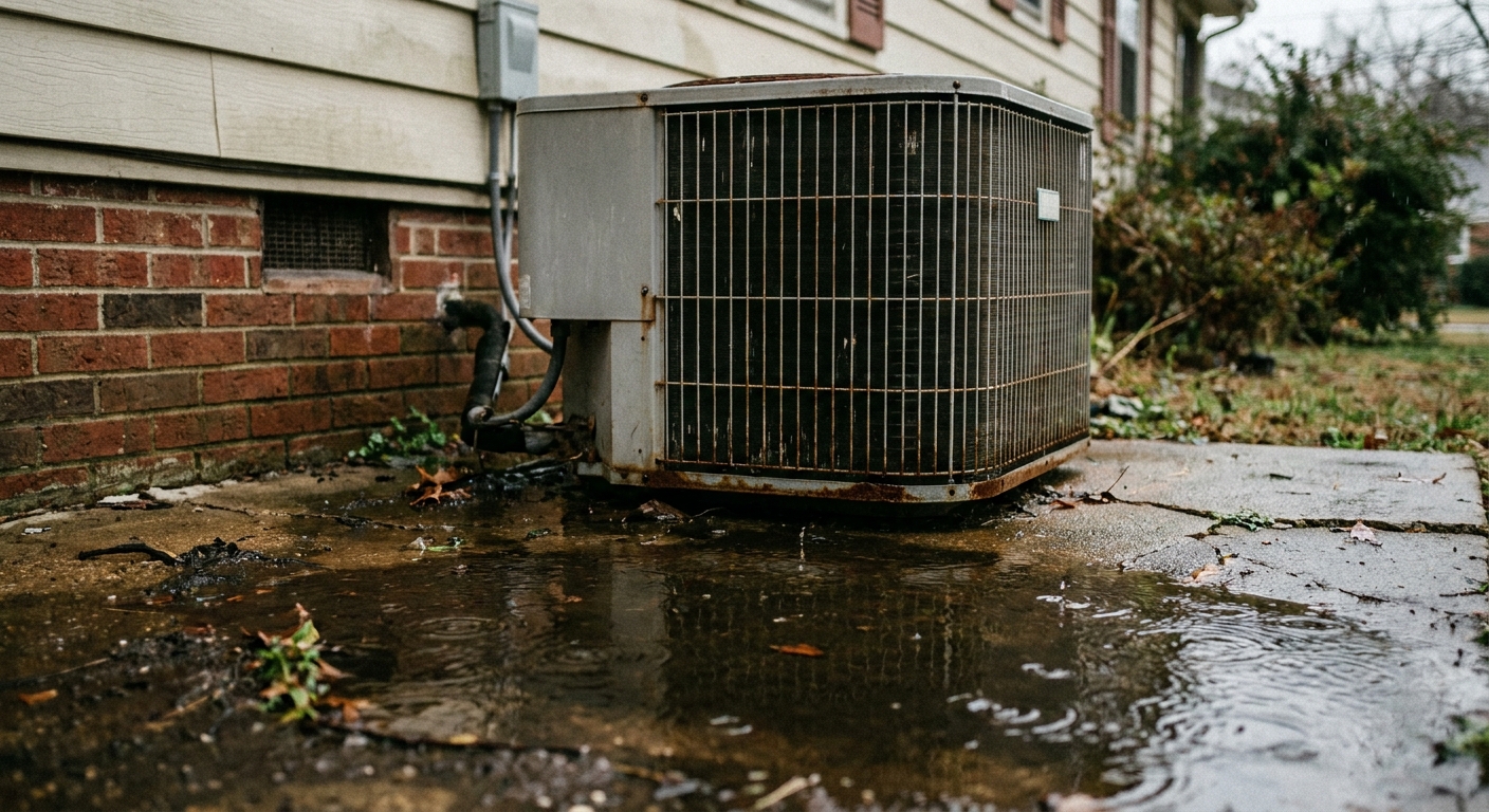 hurricane AC prep - rain water pooling around the base of an outdoor air conditioner condenser unit on a concrete pad