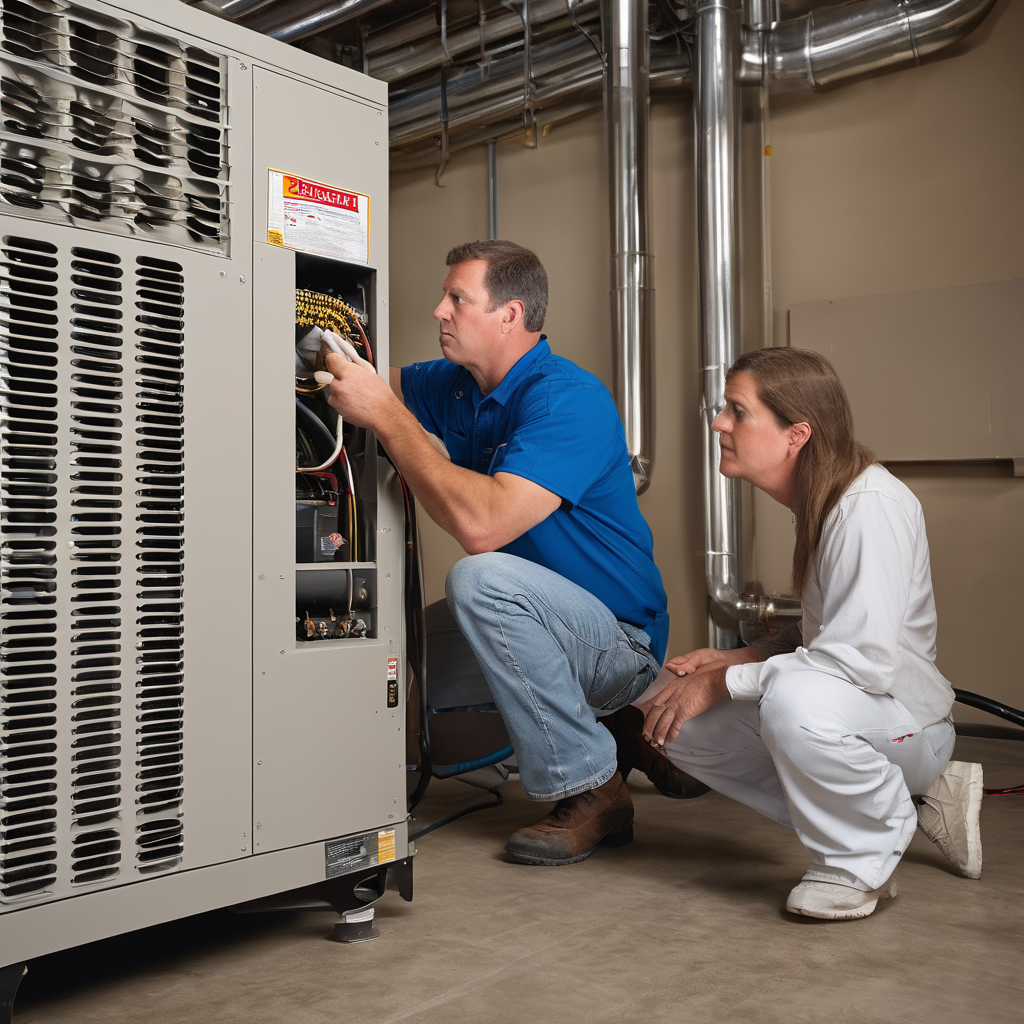 an HVAC technician inspecting an indoor air handler unit