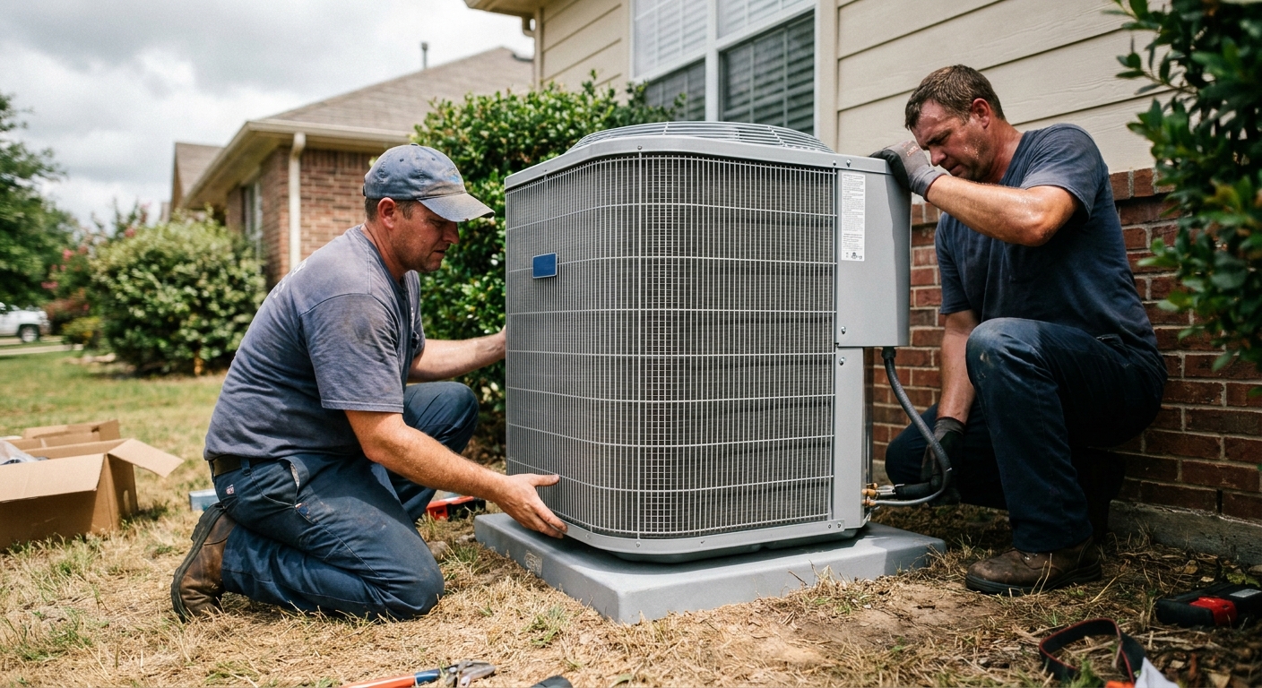 repair or replace AC - two HVAC technicians in work uniforms setting a brand-new central air conditioner condenser onto a concrete pad beside a suburban house