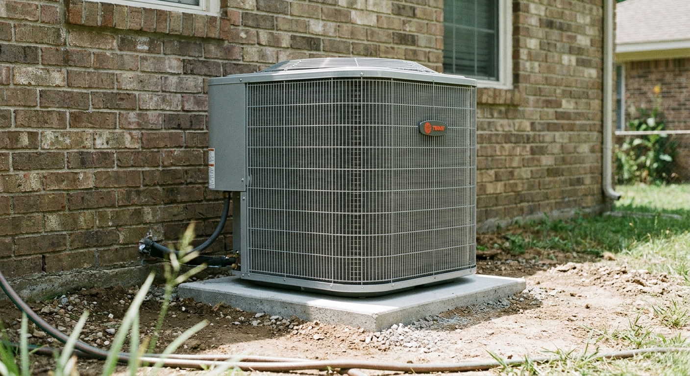 right size AC - a brand-new clean American residential central air conditioner condenser on a concrete pad beside a house