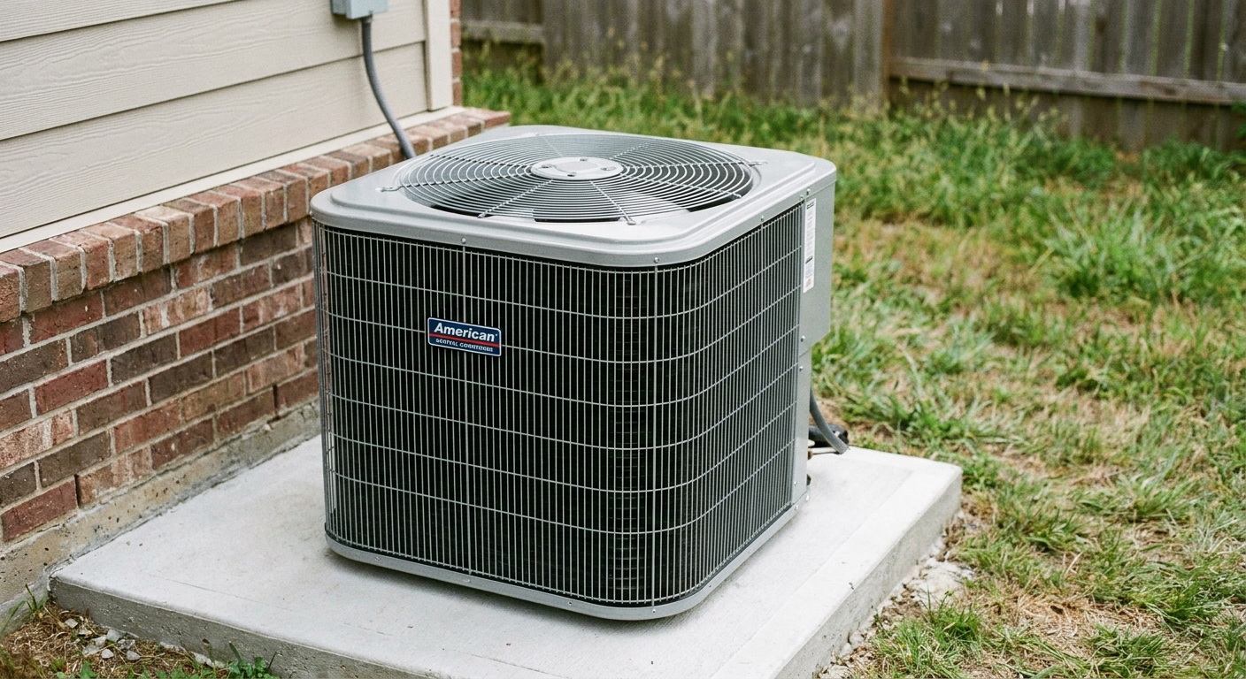 AC replacement - a brand-new clean American residential central air conditioner condenser, a boxy metal ground unit with a top circular fan grille, on a concrete pad beside a house