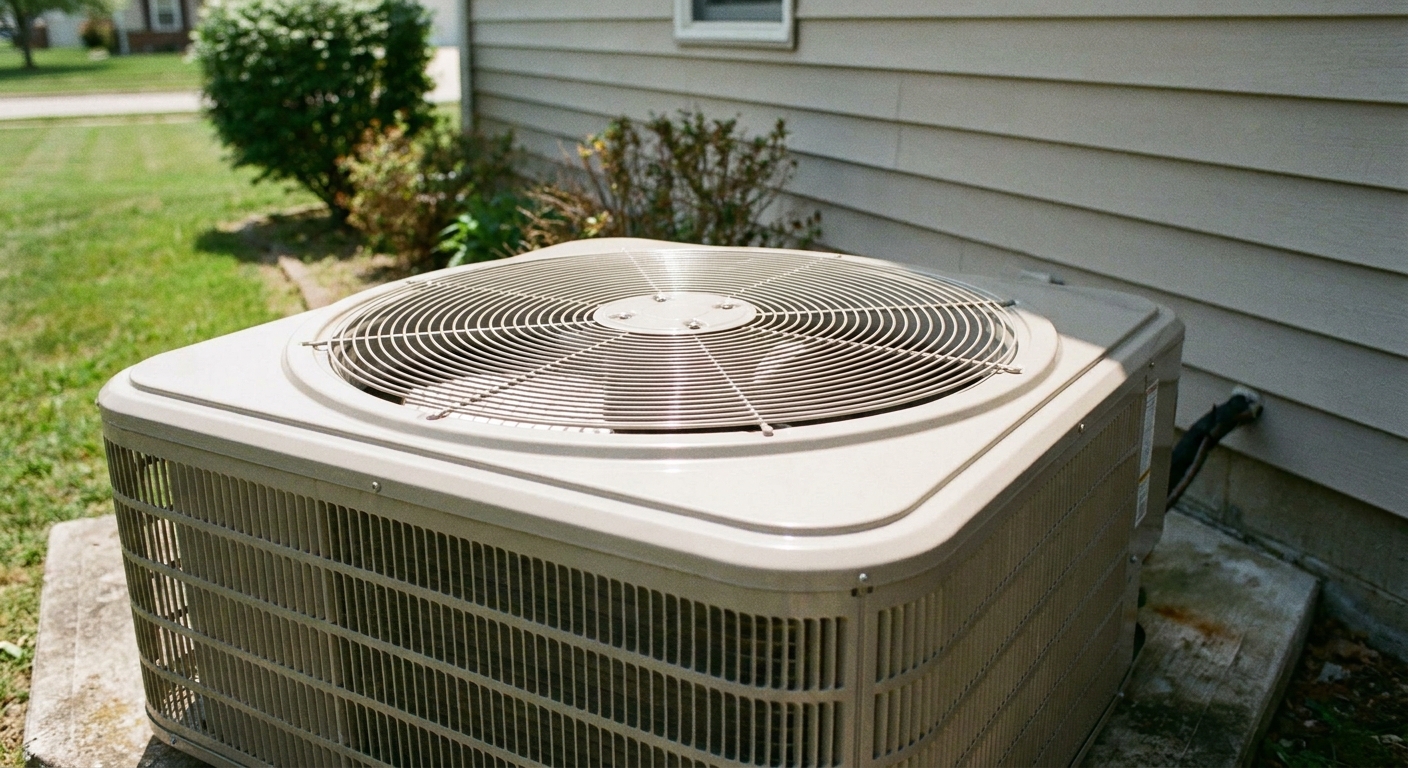 AC replacement - a brand-new clean American residential central air conditioner condenser, a boxy metal ground unit with a top circular fan grille, on a concrete pad beside a house