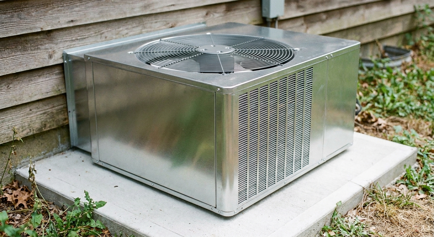 AC replacement - a brand-new clean American residential central air conditioner condenser, a boxy metal ground unit with a top circular fan grille, on a concrete pad beside a house