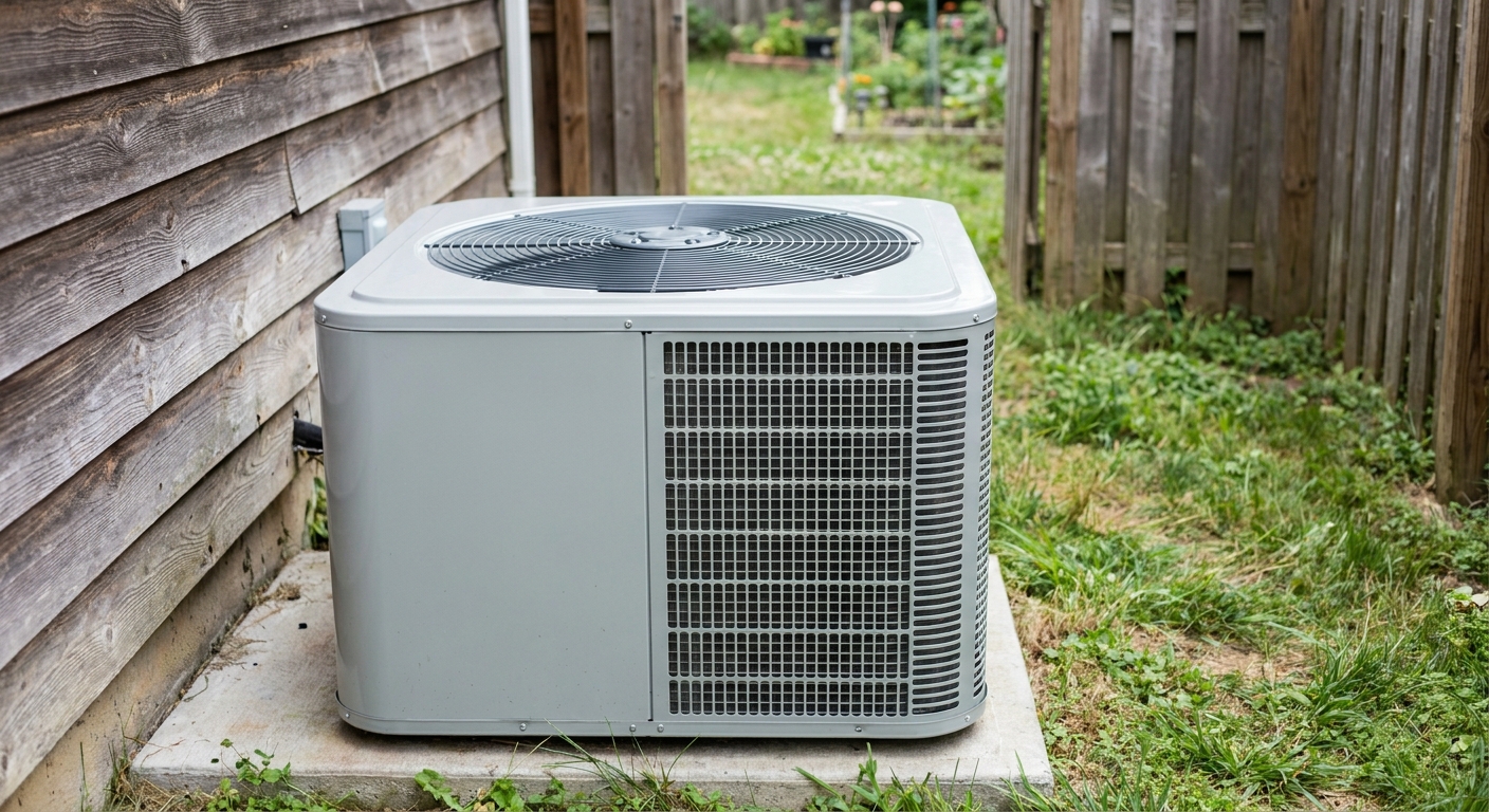 repair or replace AC - a brand-new clean American residential central air conditioner condenser, a boxy metal ground unit with a top circular fan grille, on a concrete pad beside a house