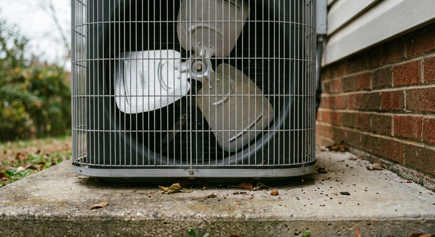 air filter - a close-up of a clean outdoor American central air conditioner condenser fan grille on a concrete pad beside a house