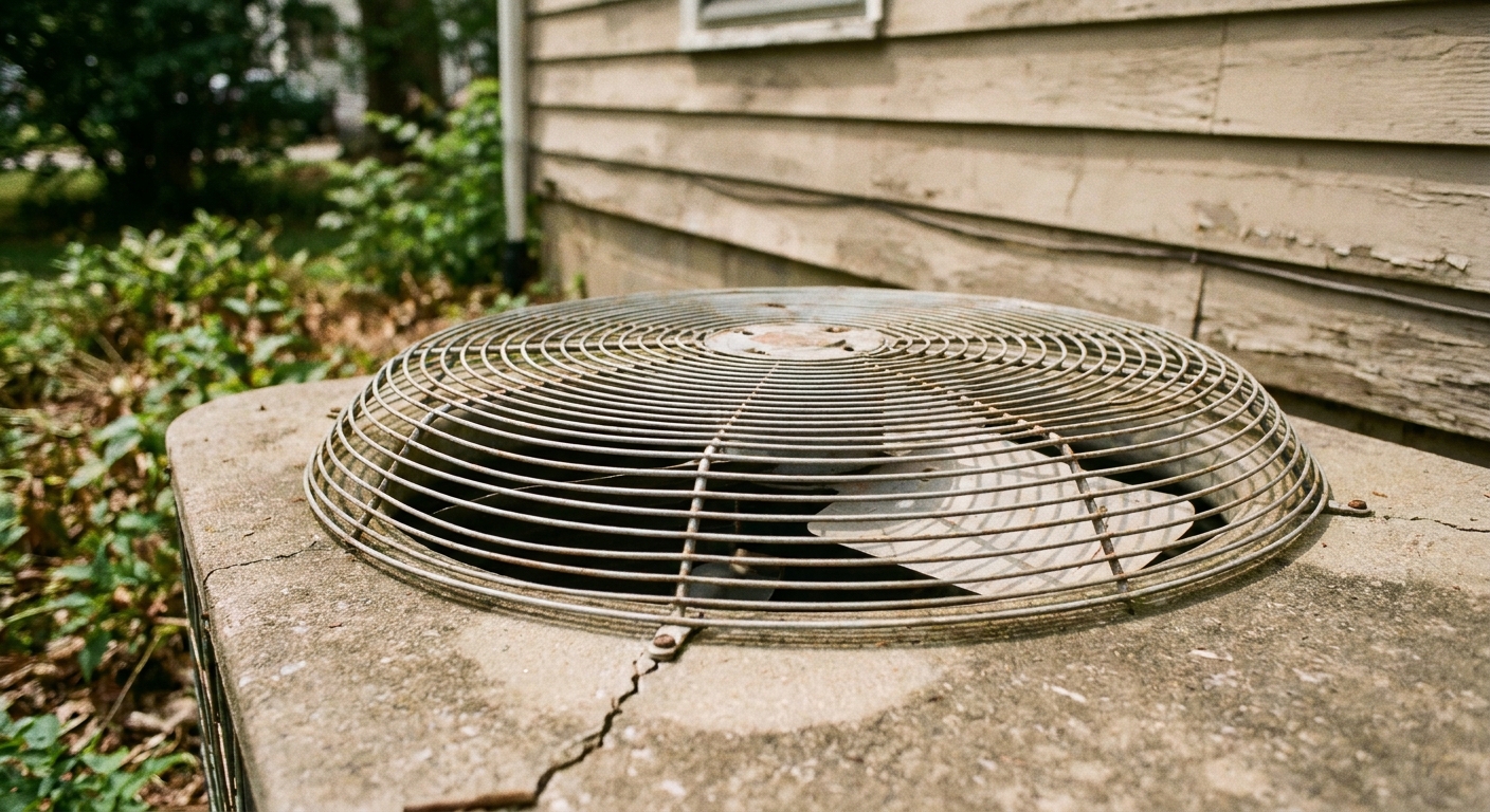 frozen coil - a close-up of a clean outdoor American central air conditioner condenser fan grille on a concrete pad beside a house