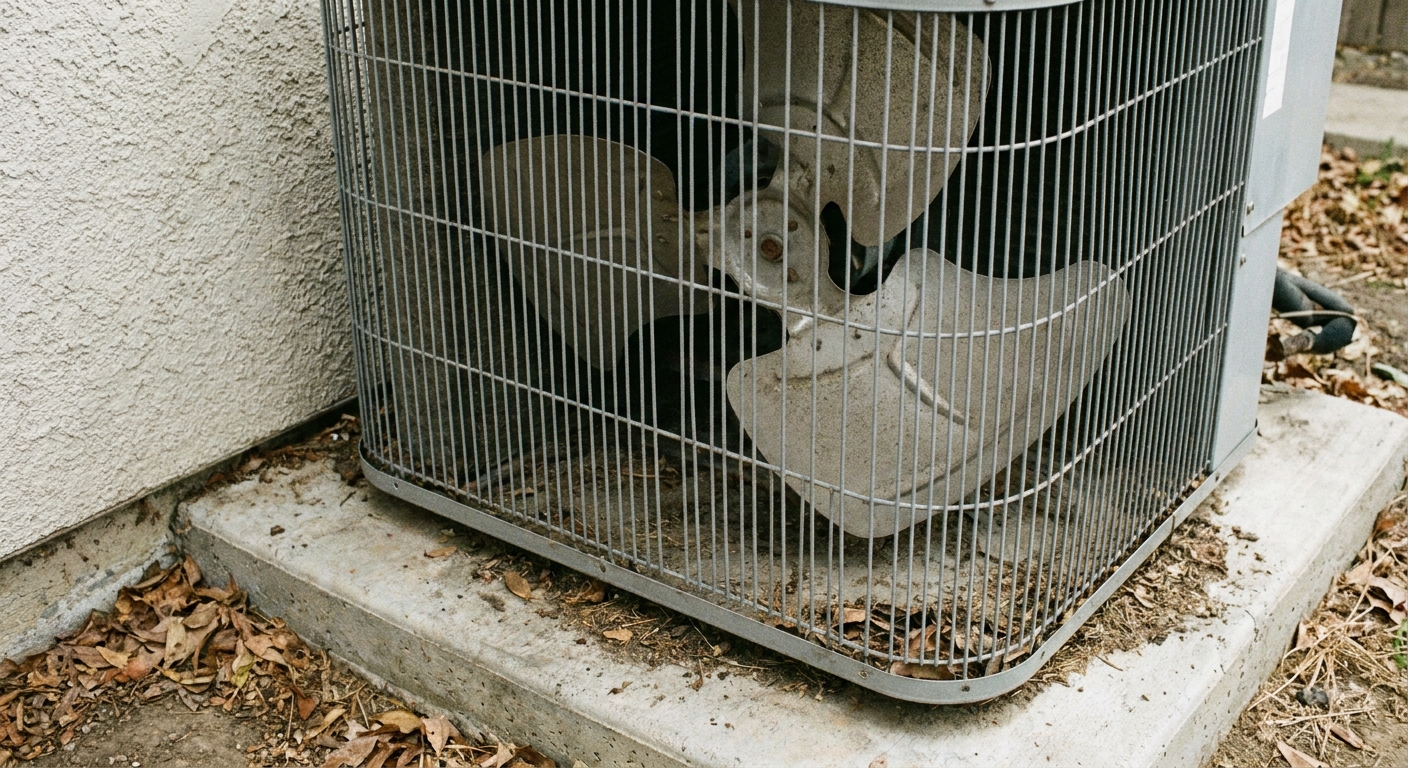 humidity - a close-up of a clean outdoor American central air conditioner condenser fan grille on a concrete pad beside a house