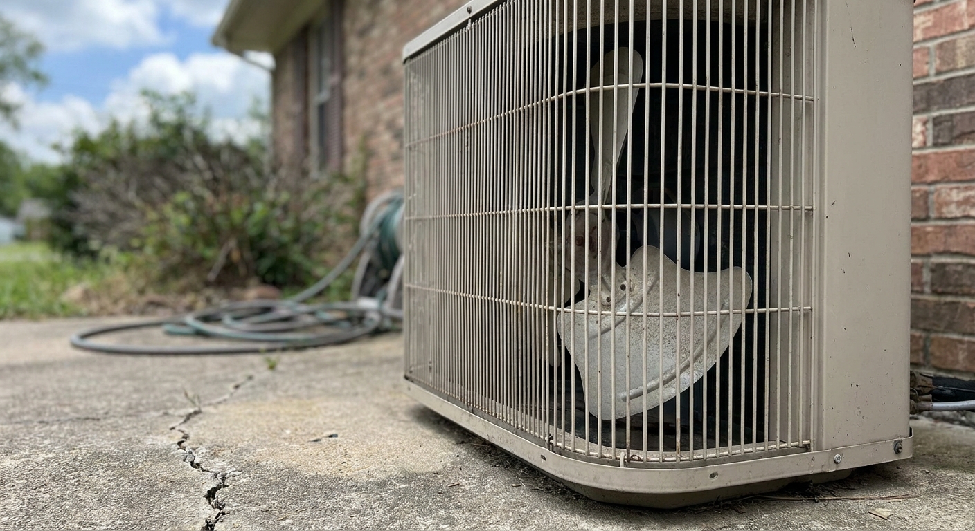 AC replacement - a close-up of a clean outdoor American central air conditioner condenser fan grille on a concrete pad beside a house
