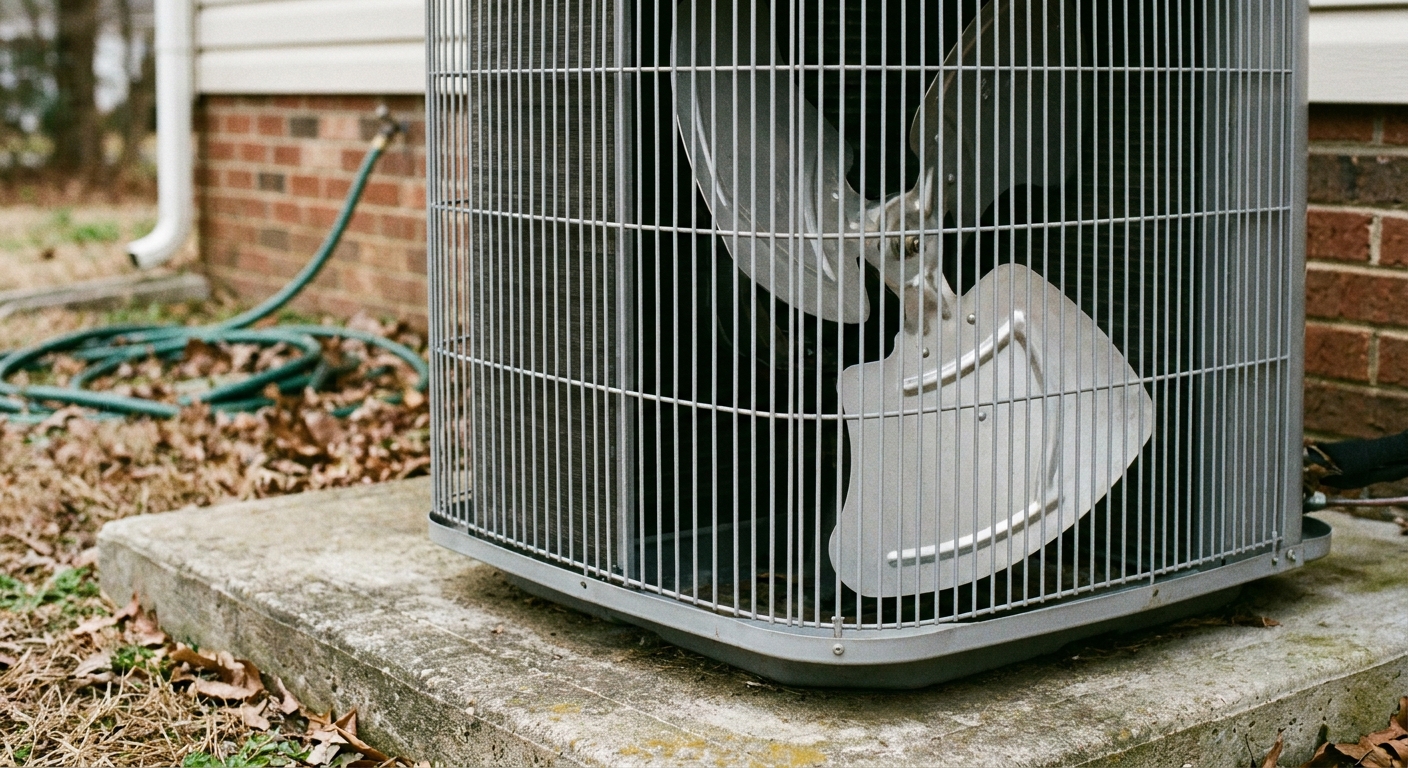 frozen coil - a close-up of a clean outdoor American central air conditioner condenser fan grille on a concrete pad beside a house