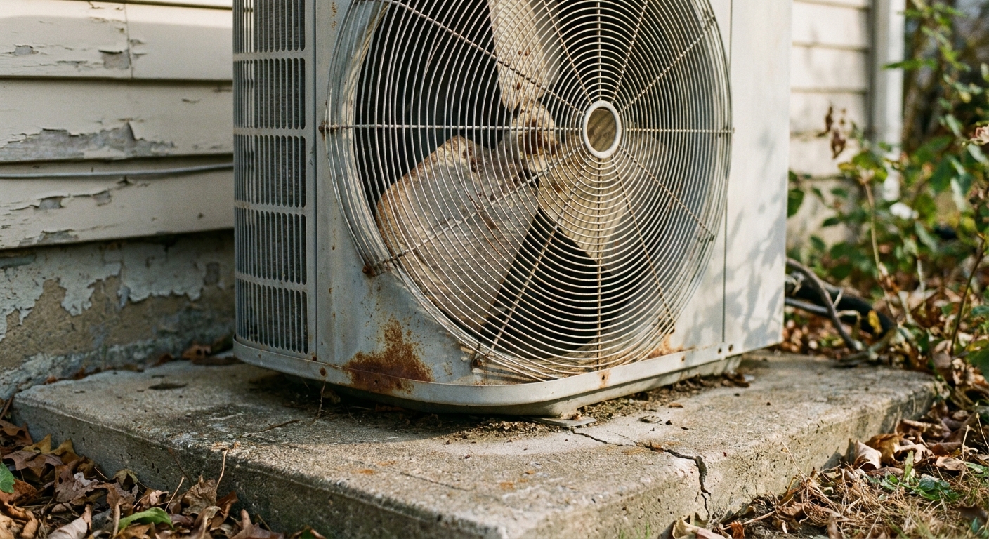 humidity - a close-up of a clean outdoor American central air conditioner condenser fan grille on a concrete pad beside a house