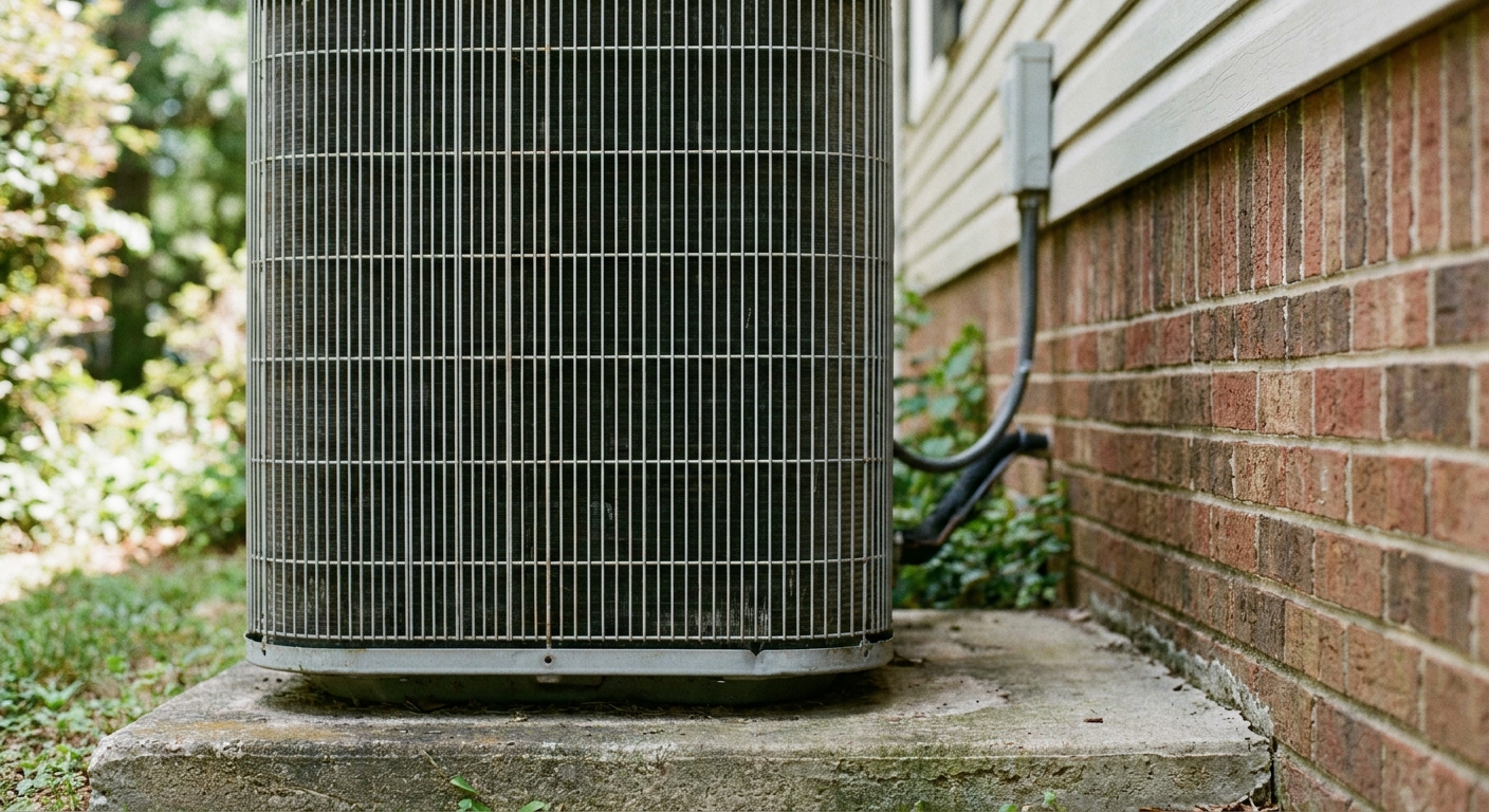 AC replacement - a close-up of a clean outdoor American central air conditioner condenser fan grille on a concrete pad beside a house