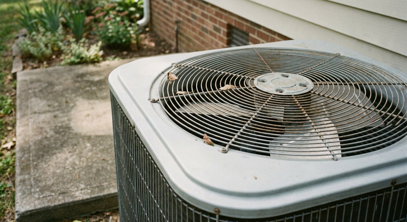 air filter - a close-up of a clean outdoor American central air conditioner condenser fan grille on a concrete pad beside a house