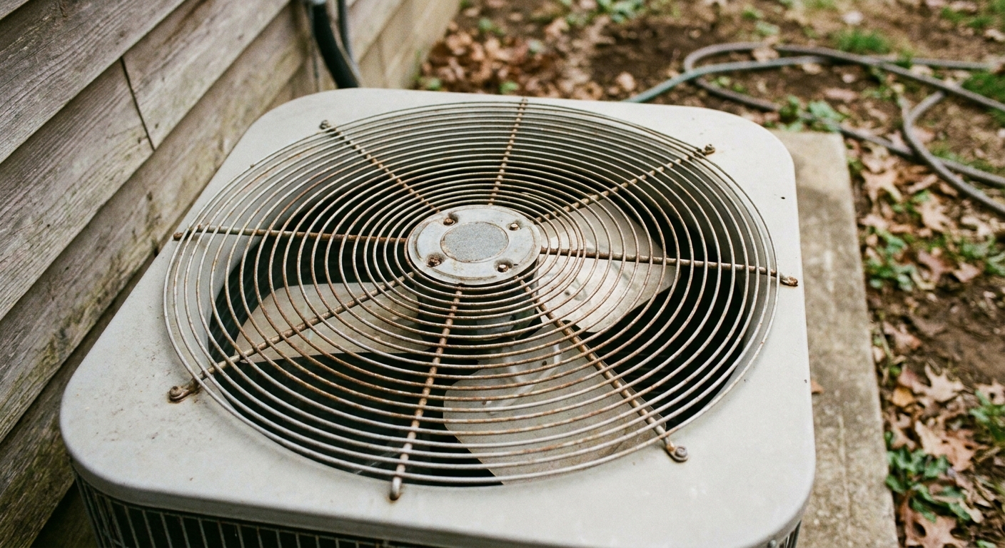 AC tune-up - a close-up of a clean outdoor American central air conditioner condenser fan grille on a concrete pad beside a house