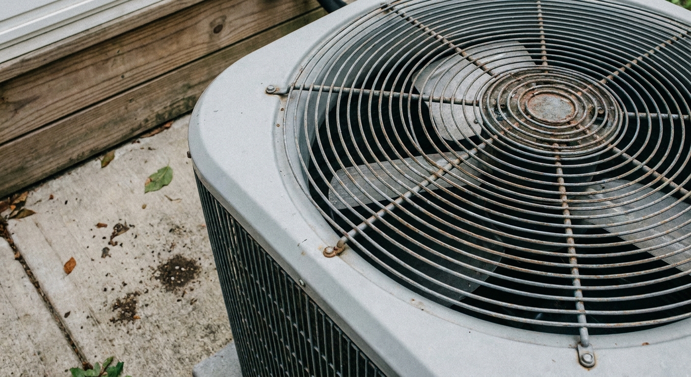 lower energy bill - a close-up of a clean outdoor American central air conditioner condenser fan grille on a concrete pad beside a house