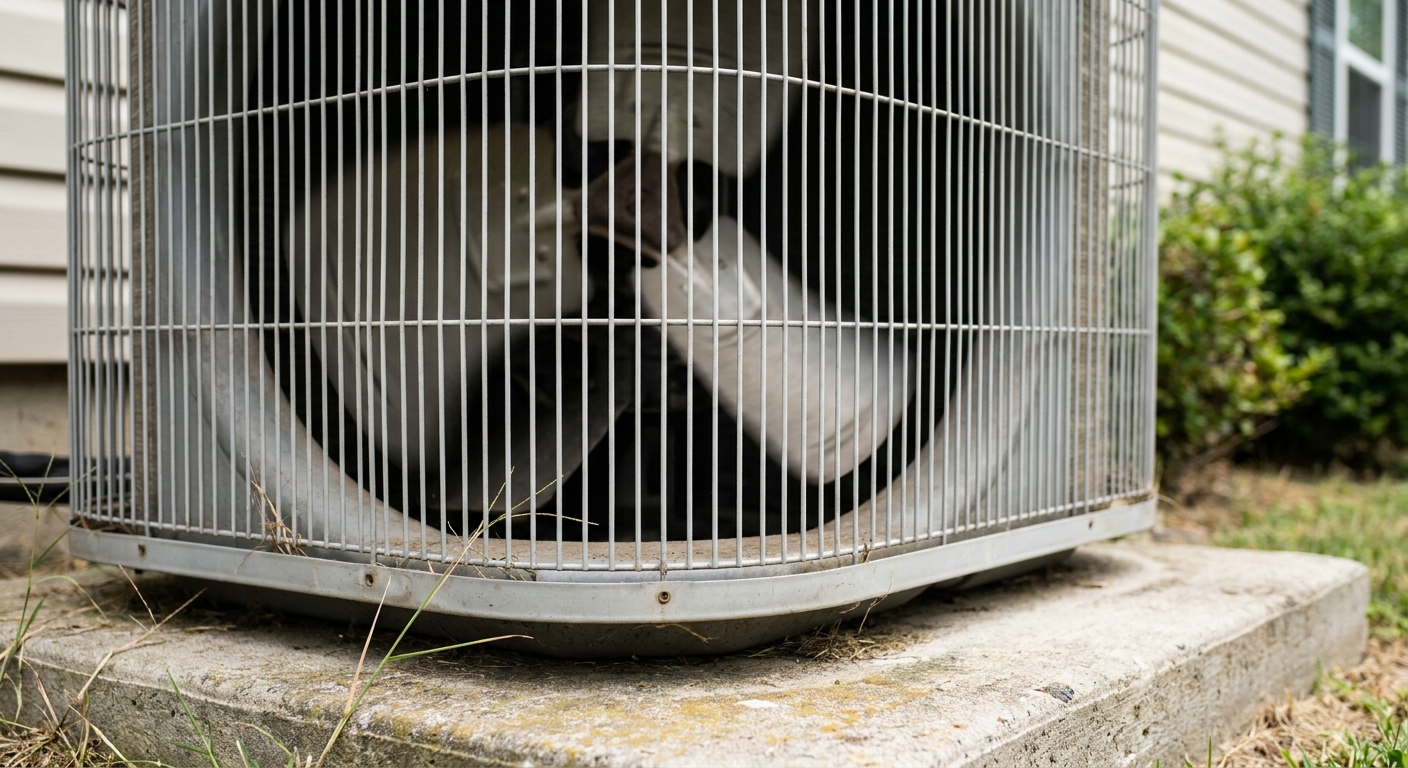 frozen coil - a close-up of a clean outdoor American central air conditioner condenser fan grille on a concrete pad beside a house