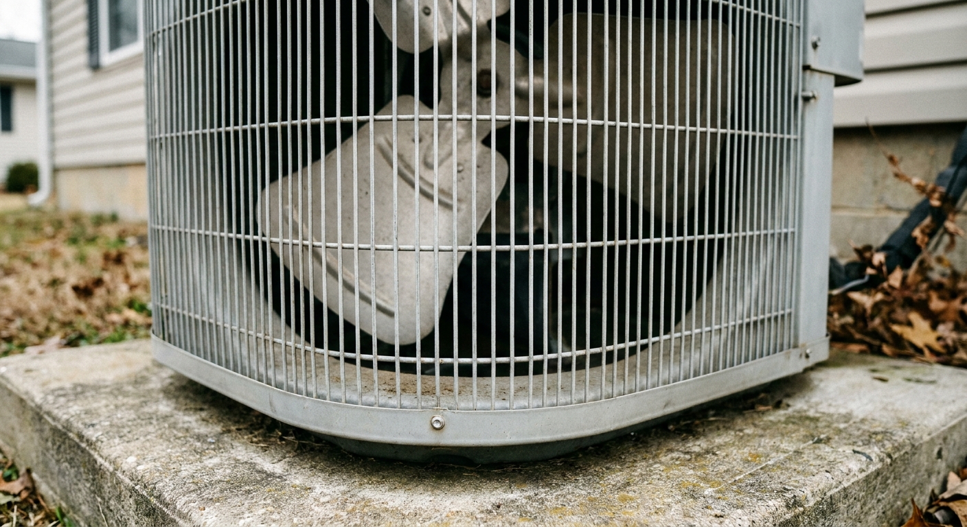 frozen coil - a close-up of a clean outdoor American central air conditioner condenser fan grille on a concrete pad beside a house