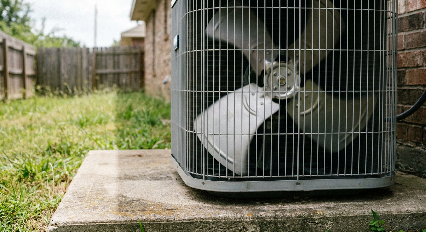 humidity - a close-up of a clean outdoor American central air conditioner condenser fan grille on a concrete pad beside a house