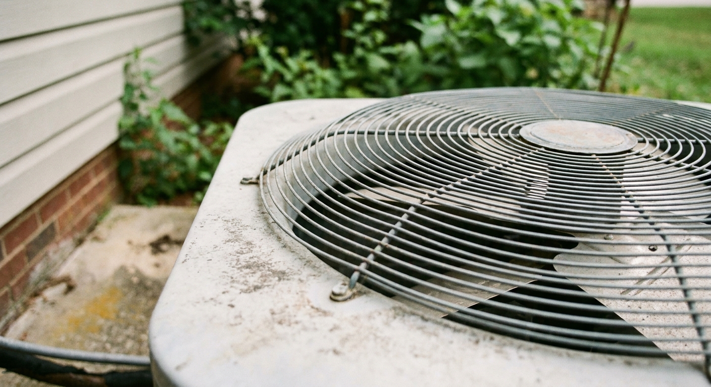AC replacement - a close-up of a clean outdoor American central air conditioner condenser fan grille on a concrete pad beside a house