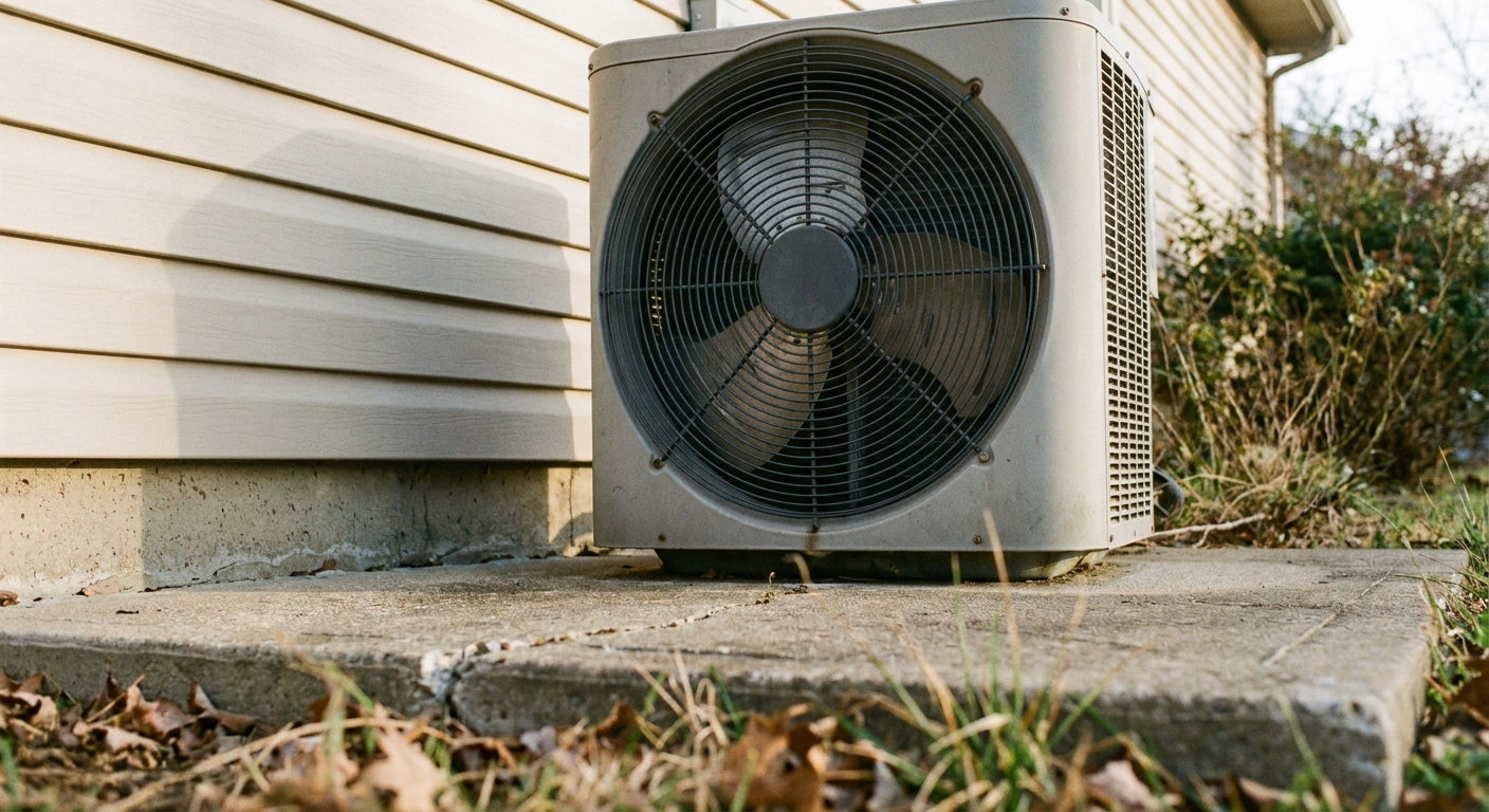 air filter - a close-up of a clean outdoor American central air conditioner condenser fan grille on a concrete pad beside a house