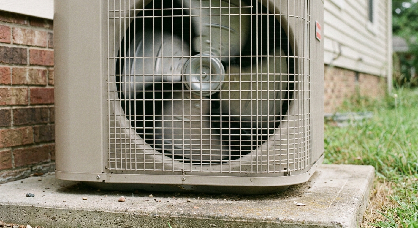AC tune-up - a close‑up of a clean outdoor American central air conditioner condenser fan grille on a concrete pad beside a house