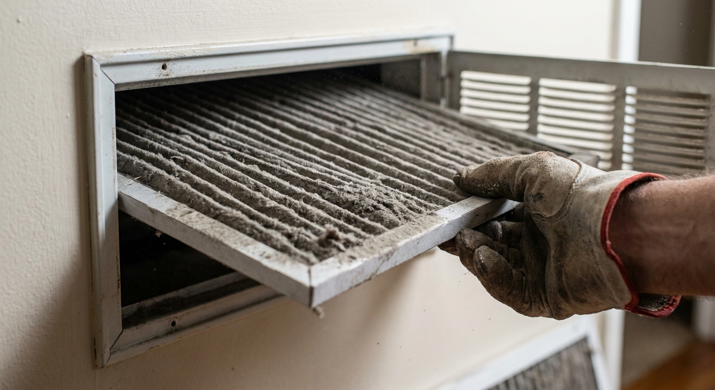 AC not cooling - a close-up of a dirty clogged pleated air filter being pulled from a return-air vent