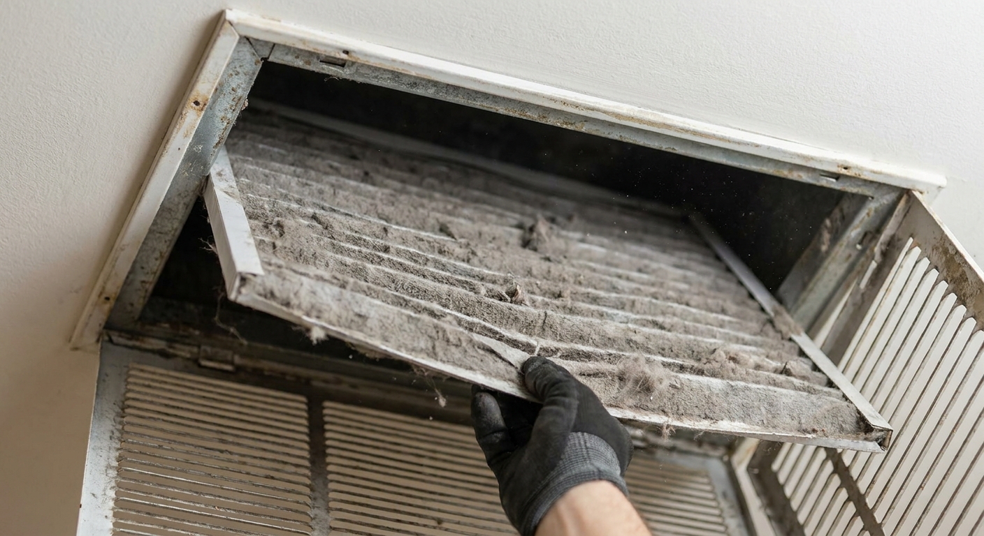 AC not keeping up - a close-up of a dirty clogged pleated air filter being pulled from a return-air vent