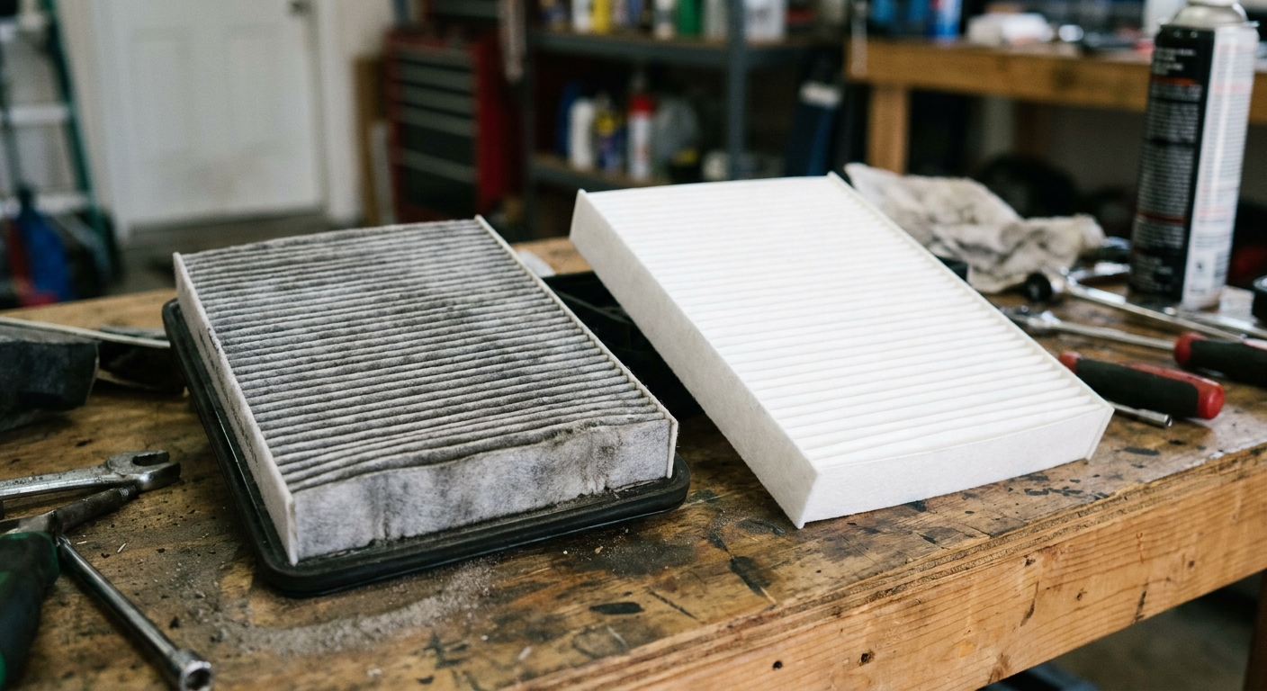 air filter - a dirty grey clogged pleated air filter beside a clean white pleated air filter, close-up on a workbench