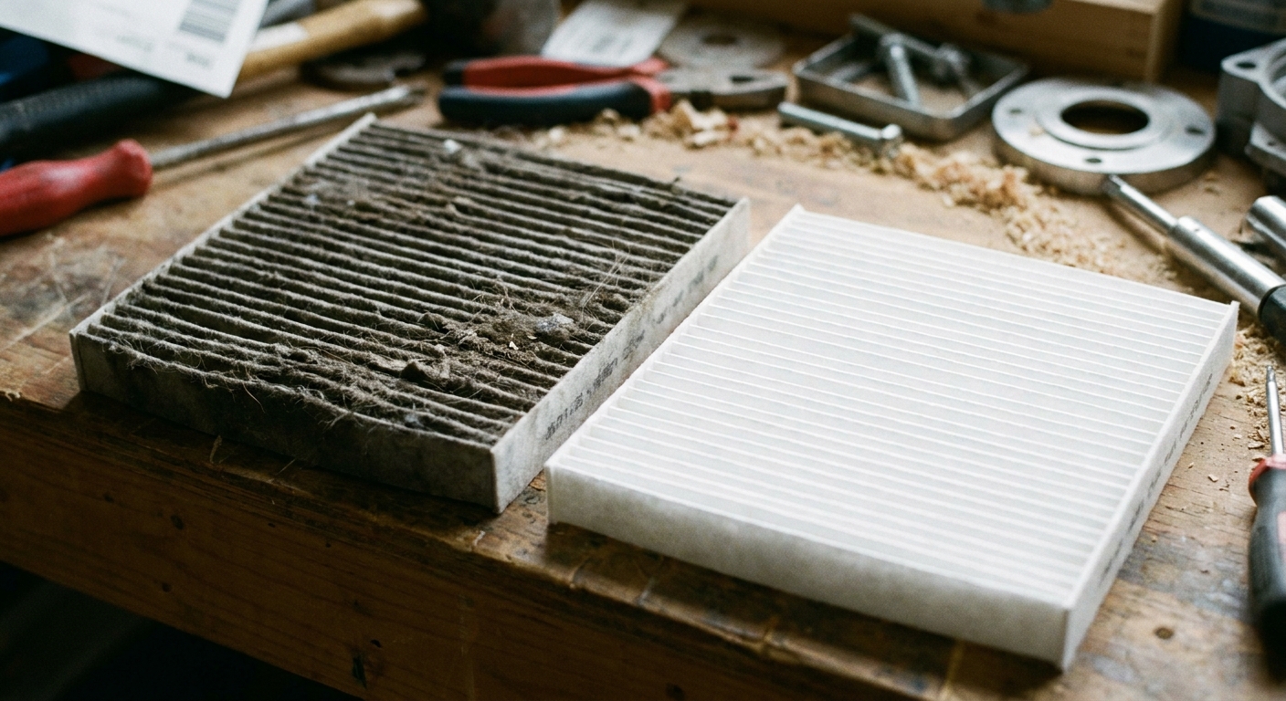 air filter - a dirty grey clogged pleated air filter beside a clean white pleated air filter, close-up on a workbench
