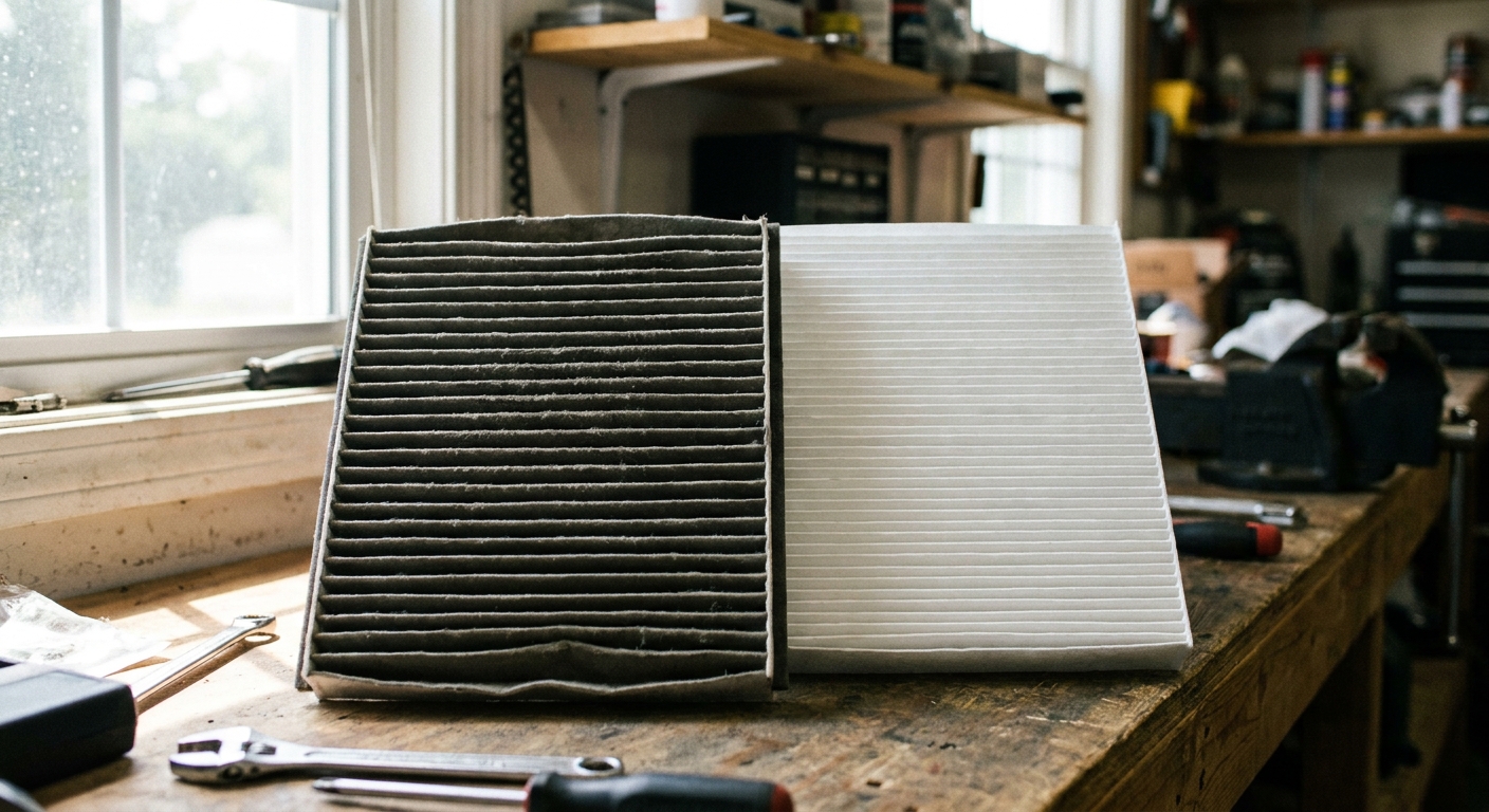 air filter - a dirty grey clogged pleated air filter beside a clean white pleated air filter, close-up on a workbench