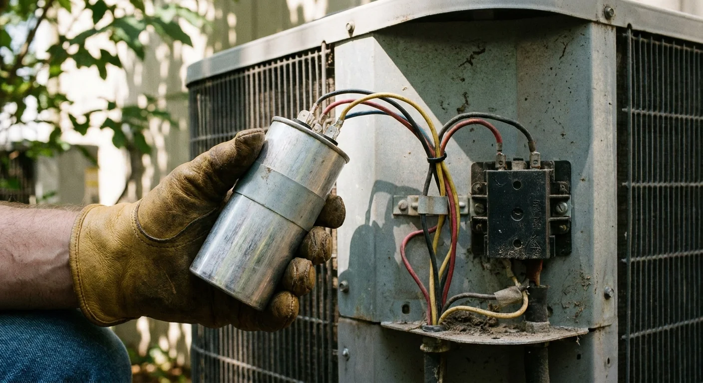 AC making noise - a dual-run capacitor held in a technician's gloved hand beside an open AC condenser, close-up