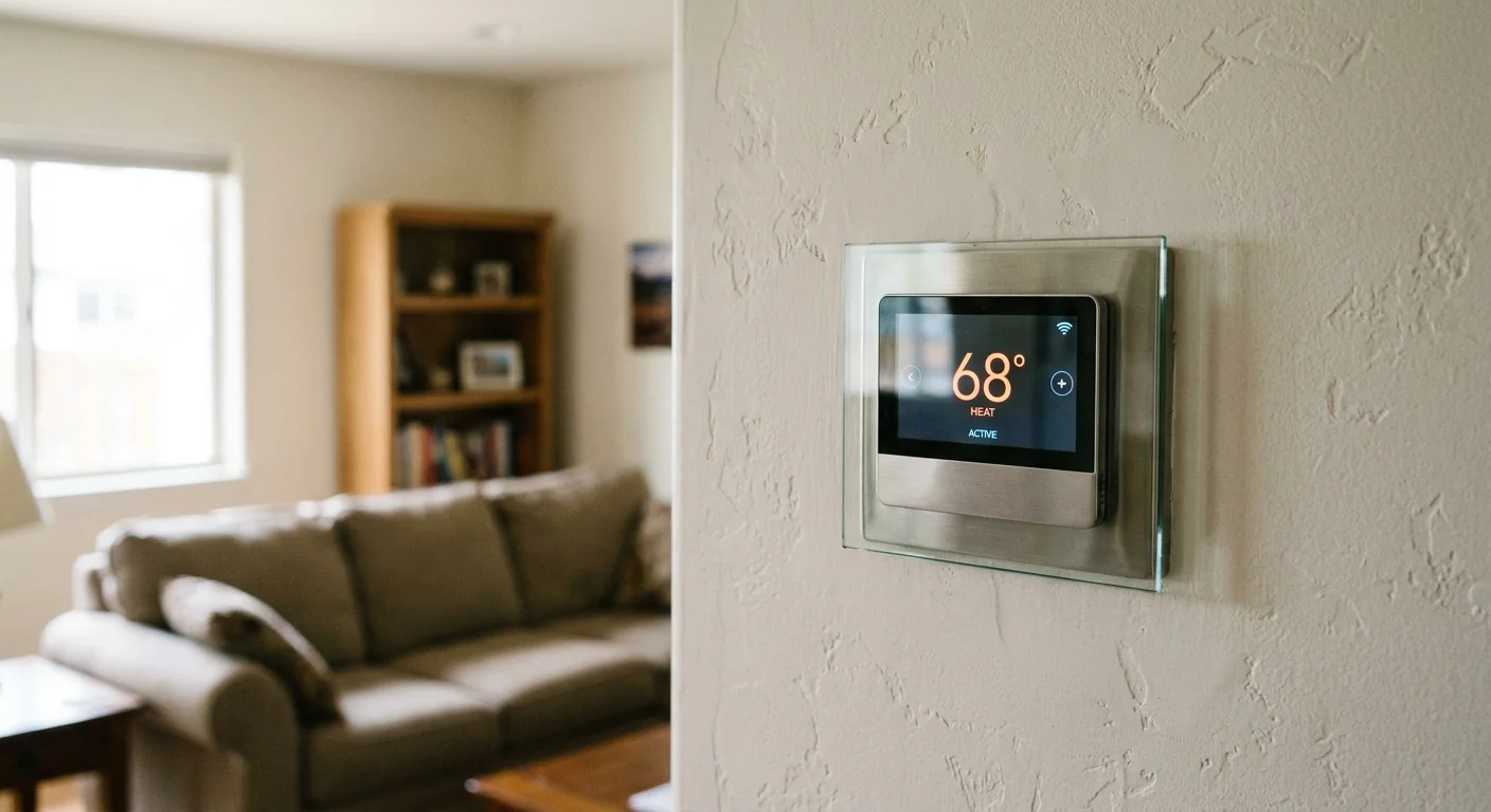thermostat settings heat wave - a modern digital smart thermostat mounted on a wall in a bright living room, close-up