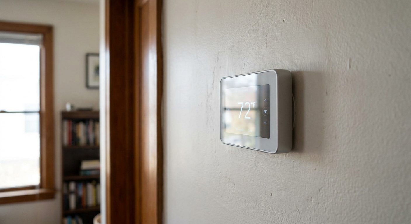 lower energy bill - a modern digital smart thermostat mounted on a wall showing the temperature, close-up