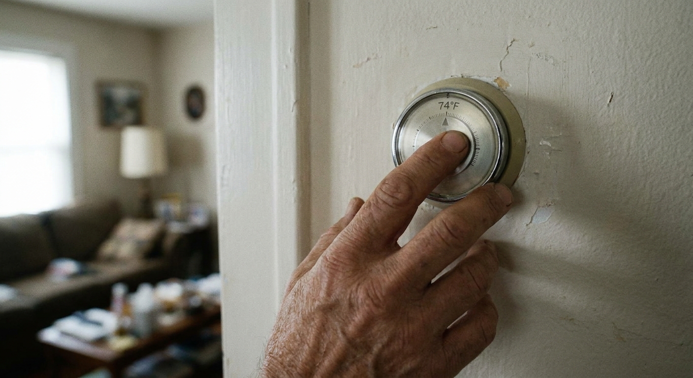 emergency AC repair - a person's hand pressing a wall thermostat showing a warm indoor temperature, close-up