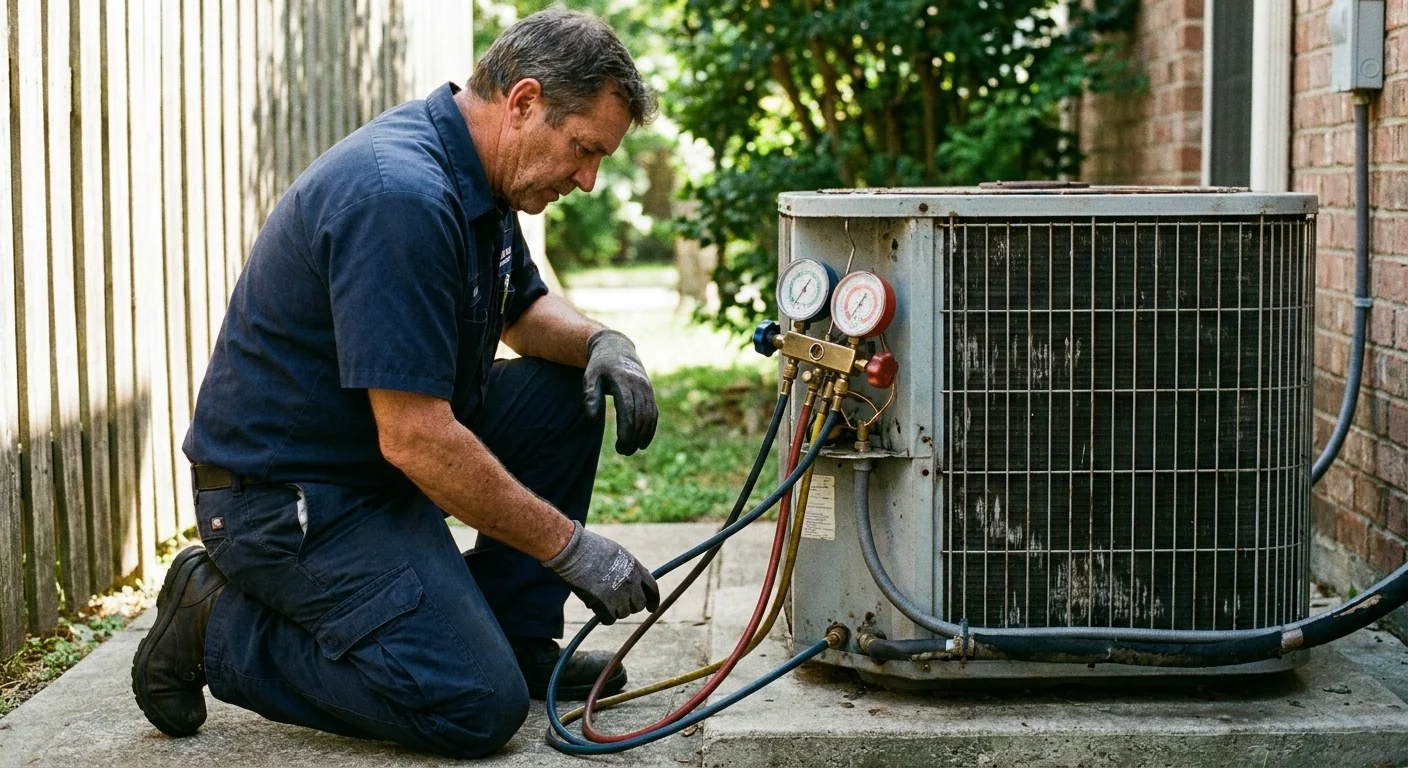 R-410A phase-out - a professional HVAC technician in a work uniform checking refrigerant gauges connected to an outdoor air conditioner condenser unit on a concrete pad