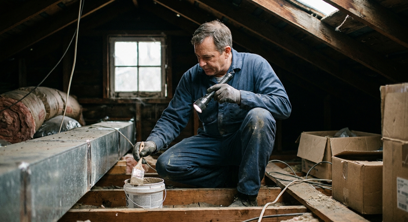 leaky ductwork - a professional HVAC technician in a work uniform inspecting and sealing ductwork in an attic with a flashlight