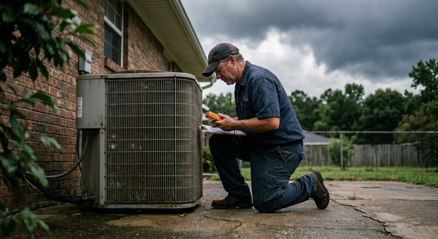 hurricane AC prep - a professional HVAC technician in a work uniform inspecting an outdoor air conditioner condenser unit on a concrete pad beside a house before a storm