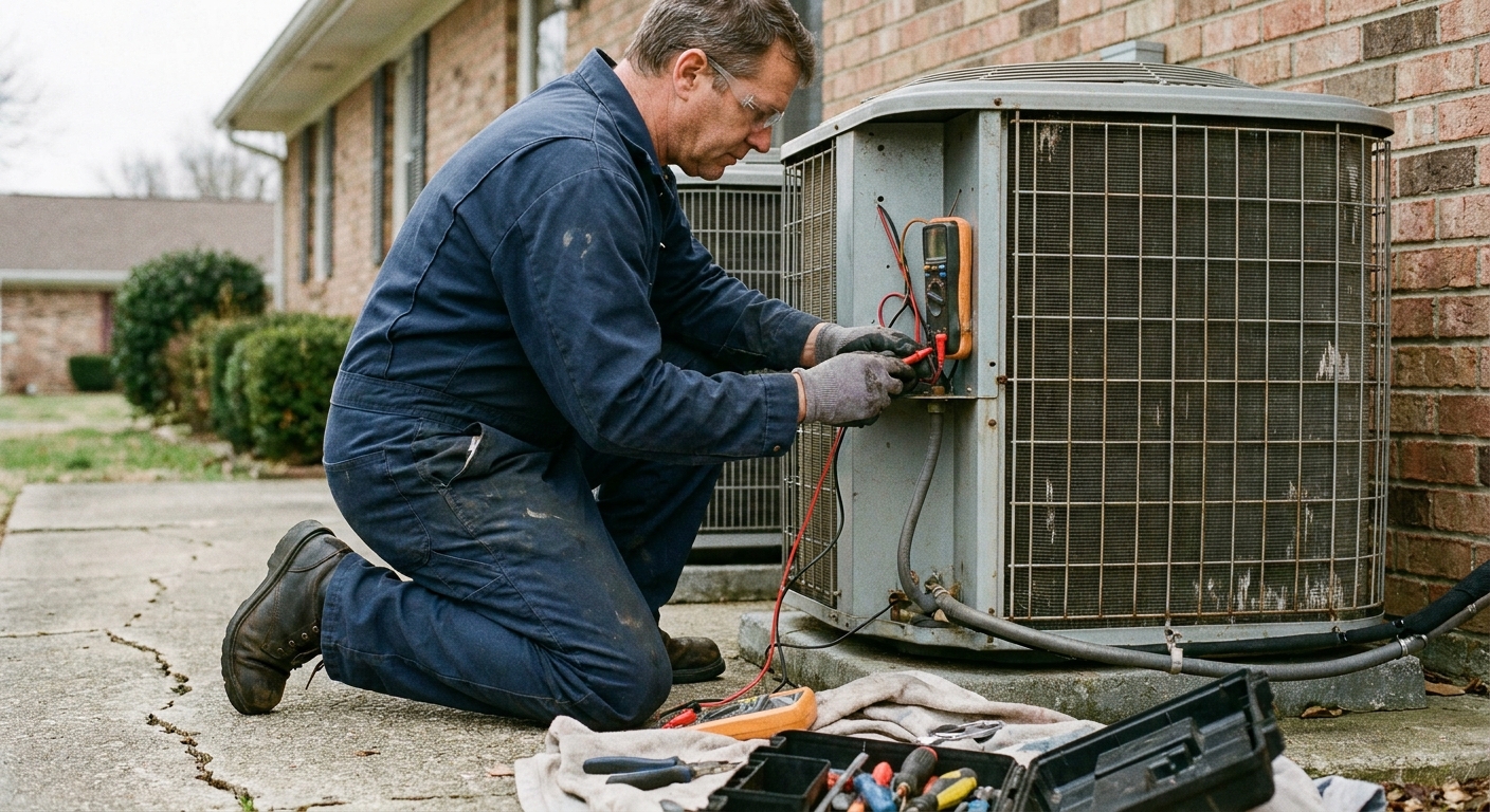 AC not cooling - a professional HVAC technician in a work uniform kneeling beside an American central air conditioner condenser, using a tool on its open access panel, on a concrete pad beside a house