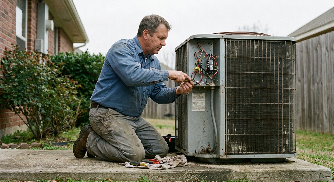 emergency AC repair - a professional HVAC technician in a work uniform kneeling beside an outdoor air conditioner condenser unit, using a tool on its open access panel, on a concrete pad