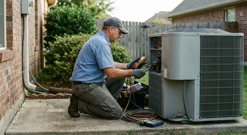 HVAC technician kneeling to service a floor vent in a home