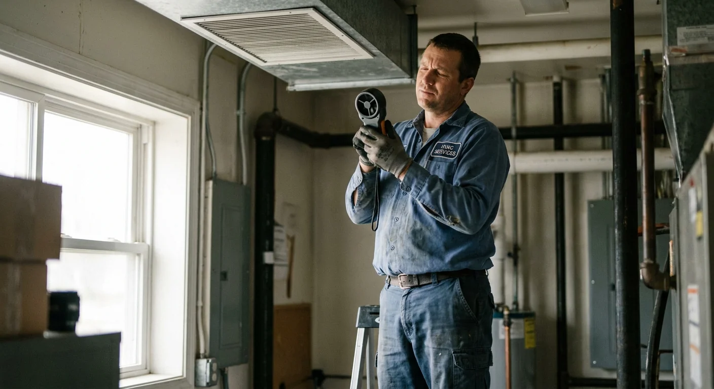 one room hotter - a professional HVAC technician in a work uniform measuring airflow at a ceiling vent with an instrument
