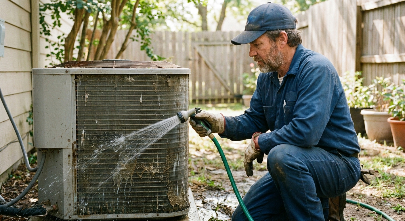 AC tune-up - a professional HVAC technician in a work uniform rinsing the metal coil fins of an outdoor air conditioner condenser unit with a garden hose