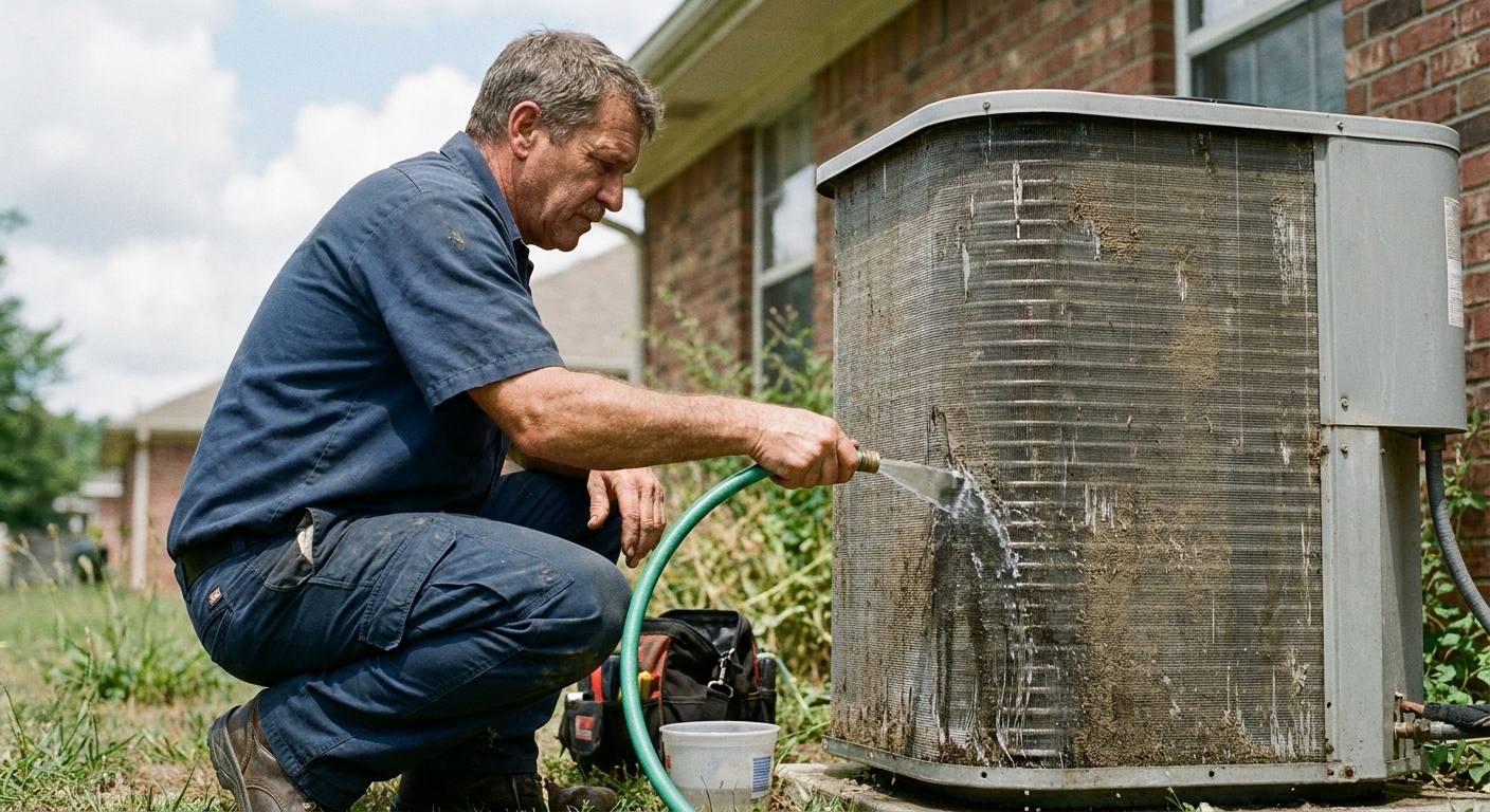 AC not keeping up - a professional HVAC technician in a work uniform rinsing the metal coil fins of an outdoor air conditioner condenser unit with a garden hose
