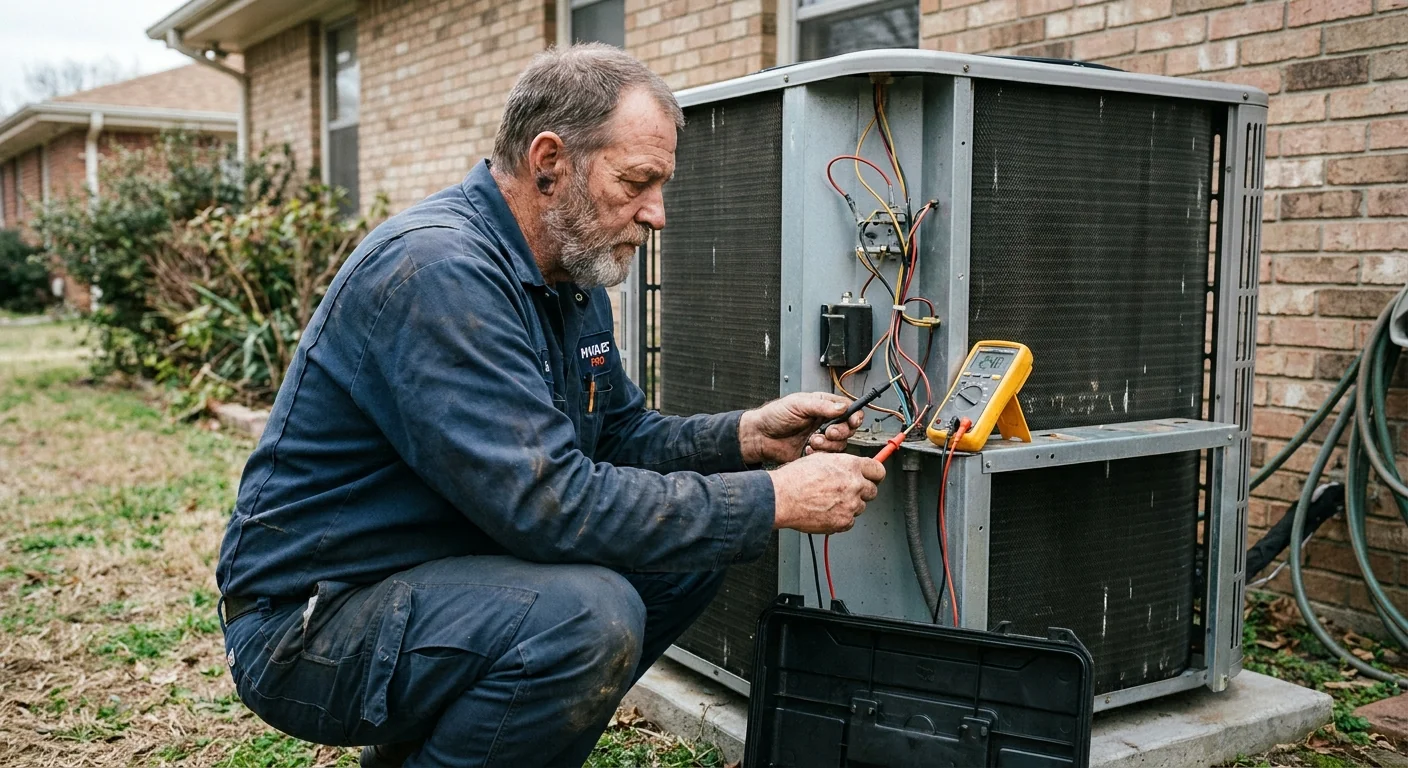 AC tripping breaker - a professional HVAC technician in a work uniform testing the electrical components inside an outdoor air conditioner condenser unit with a multimeter